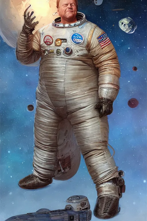 Image similar to upper body portrait of an obese kiefer sutherland wearing old tattered leather spacesuit, spaceship and nebula in the background, illustration by normal rockwell and mandy jurgens, influenced by john berkey and greg rutkowski, artstation character concept