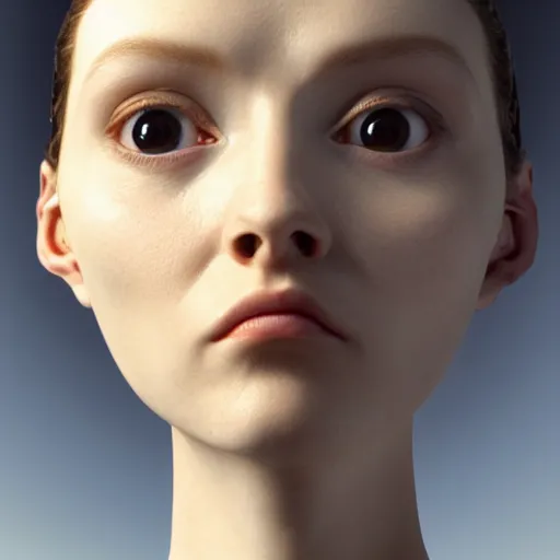 Image similar to A young beautiful female alien face with a very long neck, big eyes, very thin nose, big lips, hair made of wire cables:: alien is from the future, Realistic, Refined, Detailed Digital Art, Oil Painting, William-Adolphe Bouguereau, Pre-Raphaelite,Renaissance, Highly Detailed, Cinematic Lighting, Unreal Engine, 8K