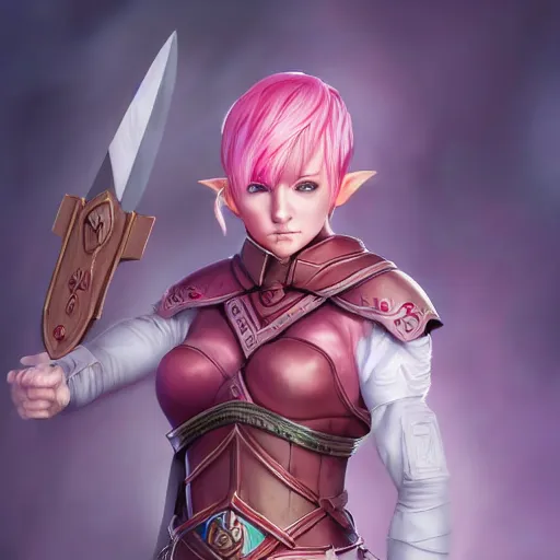 Image similar to beautiful, pink short haired, half elf woman, healer wearing cleric clothing and holding a shield, dungeons and dragons, character portrait, full face render, crimson eye color, illustration drawing, cell shaded, anime style 4 k, 8 k, hyper detailed, back lighting