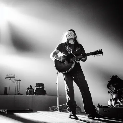 Image similar to willie nelson on stage, guitar. god rays through fog.