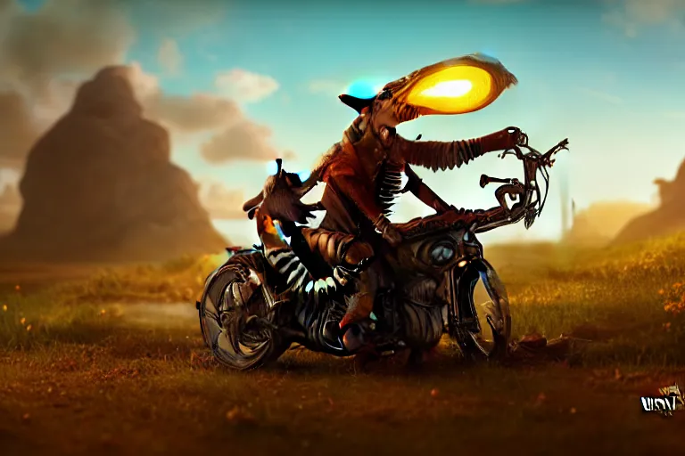 Image similar to A goblin riding a steampunk motorcycle on a dirt road in a meadow, volumetric light, studio lighting, hyperdetailed, artstation, cgsociety, 8k