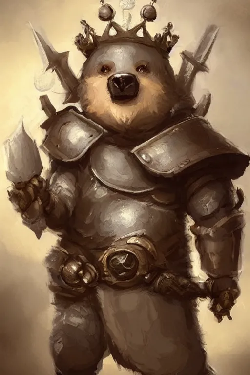 Image similar to cute little anthropomorphic bear knight wearing a cape and a crown, tiny, small, miniature bear, baby animal, short, pale blue armor, cute and adorable, pretty, beautiful, DnD character art portrait, matte fantasy painting, DeviantArt Artstation, by Jason Felix by Steve Argyle by Tyler Jacobson by Peter Mohrbacher, cinematic lighting