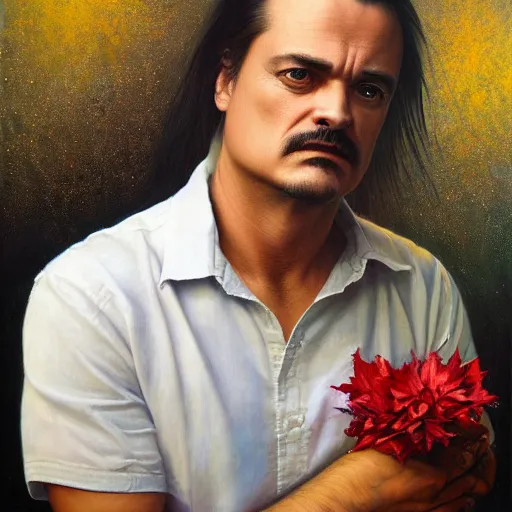 Image similar to stunning serene portrait of Mike Patton of faith no more in style of Mark Arian, oil on canvas, masterpiece, realism, piercing gaze, autumn bokeh