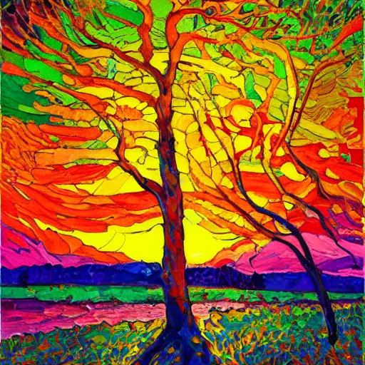 Prompt: a painting of a tree in the sunset, a gouache by Erin Hanson and RHADS, deviantart, neo-fauvism, fauvism, impressionism, vivid colors, rich color palette, acrylic art