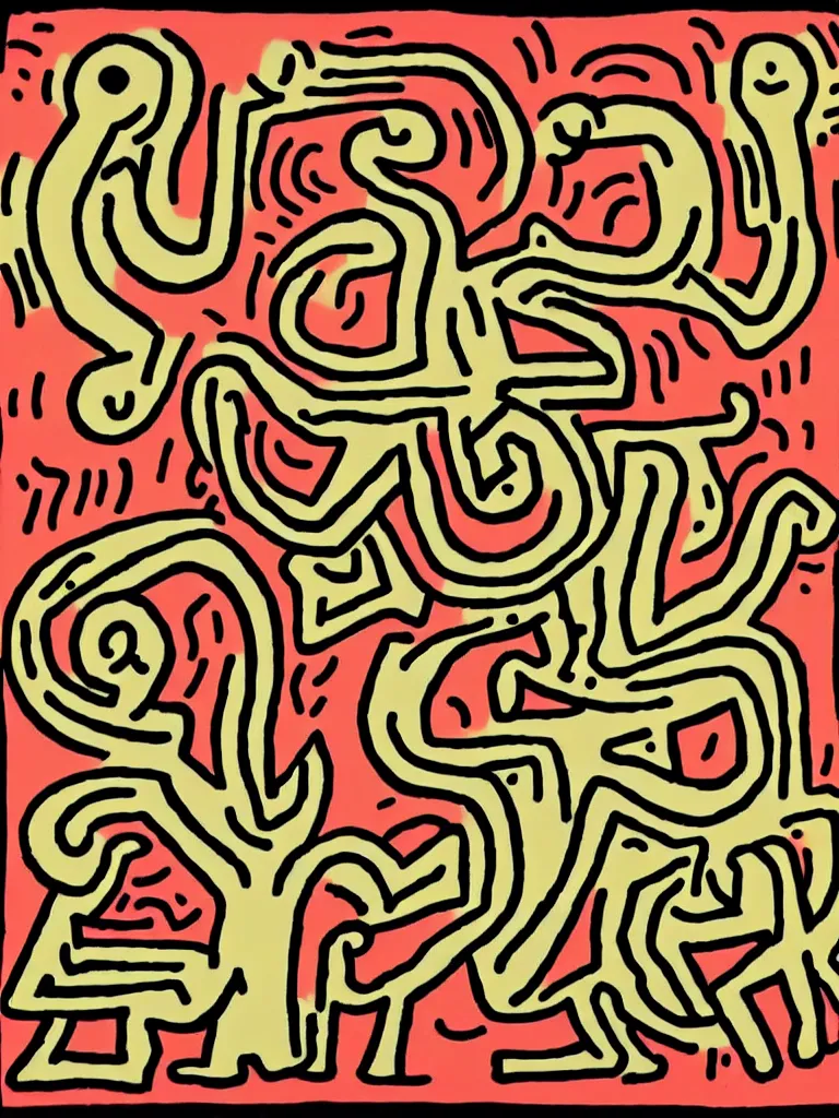 Prompt: minimal acorn that turns into a tree in the shape of a treble clef, a big rip down the middle, splashes of color, inspirational and powerful, keith haring