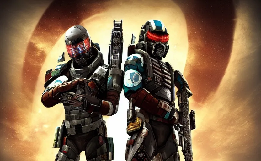 Image similar to friendship isaac clarke from dead space with morgan yu from prey ( 2 0 1 7 ), digital art