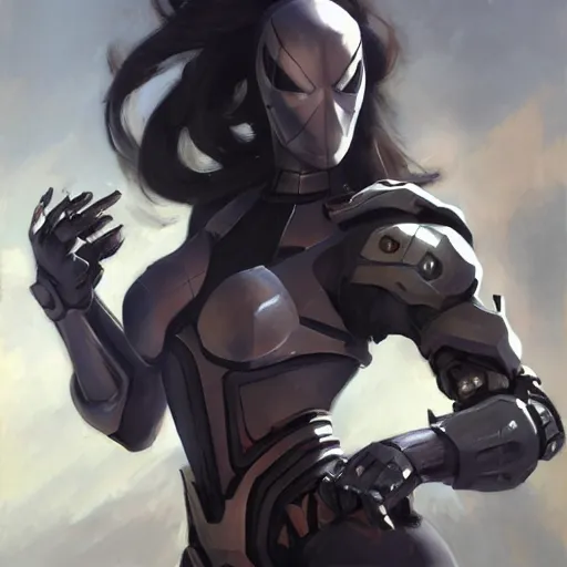 Image similar to greg manchess portrait painting of an armored dark female iron spiderman as overwatch character, medium shot, asymmetrical, profile picture, organic painting, sunny day, matte painting, bold shapes, hard edges, street art, trending on artstation, by huang guangjian, gil elvgren, ruan jia, greg rutkowski, gaston bussiere