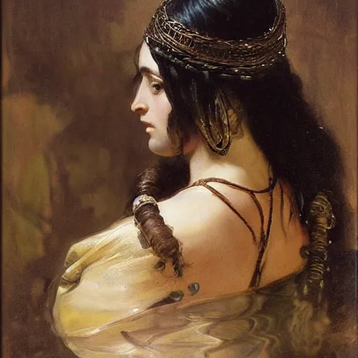 Prompt: beautiful illyrian princess with long curly black hair and balkan face detail by theodore ralli and nasreddine dinet and anders zorn and edwin longsden long and wlop, bronze age, sword & sorcery, oil on canvas, masterful intricate