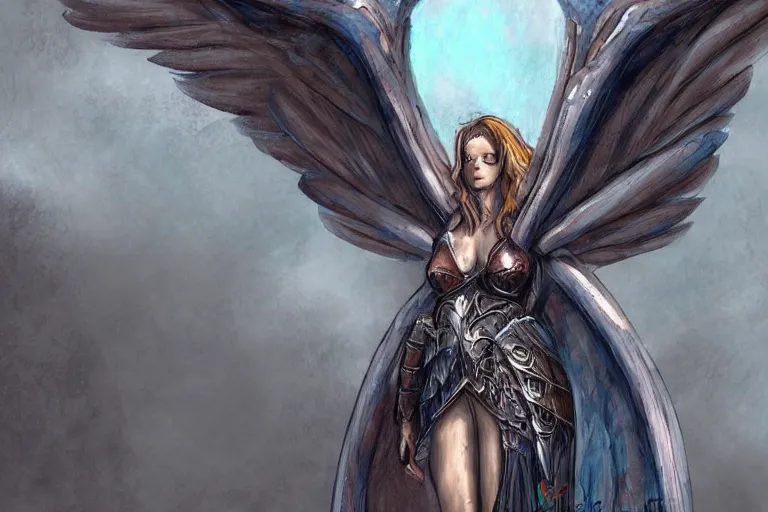 Prompt: concept art, woman angel in armor, large wingspan, dramatic pose, full color digital art