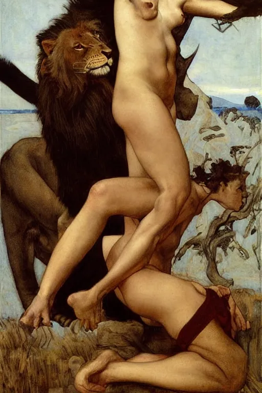 Image similar to scarlett johansson as a lion tamer by edgar maxence and caravaggio and michael whelan and delacroix