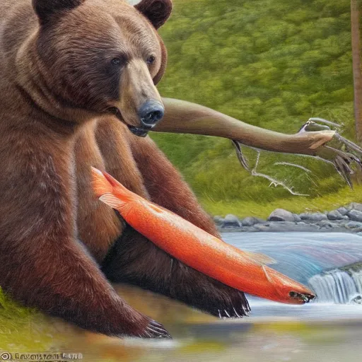 Image similar to oil painting, bear stretching out its arm to catch a salmon alongside a river in Alaska, high detail