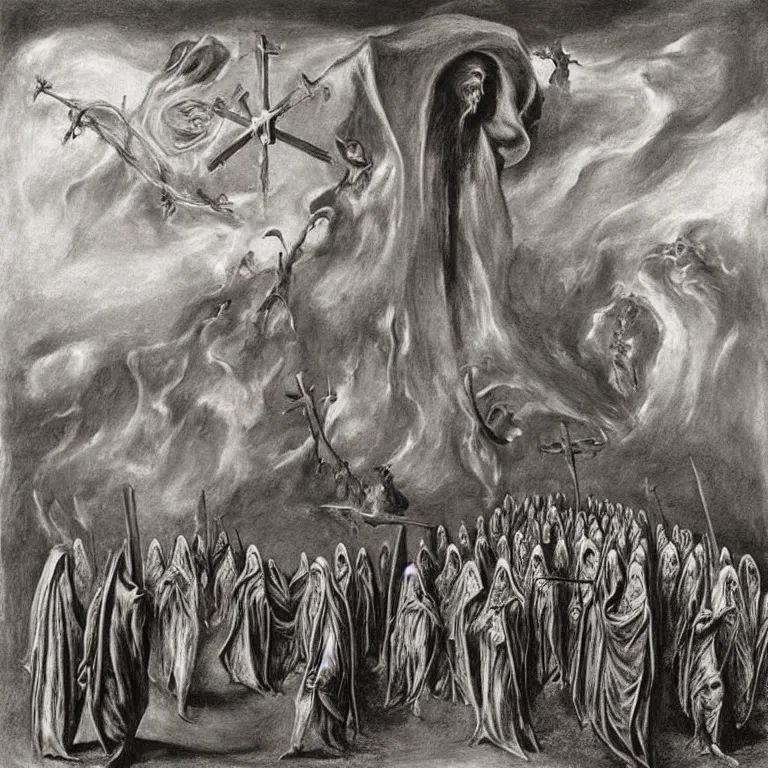 Image similar to A Holy Week procession of grim reapers in a lush Spanish landscape at night. A hooded figure at the front holds a cross. El Greco, Remedios Varo, Salvador Dalí, Zdzisław Beksiński.