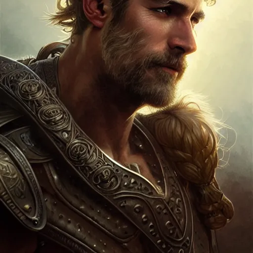 Image similar to portrait of a ruggedly handsome paladin, soft hair, muscular, half body, leather, hairy, d & d, fantasy, intricate, elegant, highly detailed, digital painting, artstation, concept art, smooth, sharp focus, illustration, art by artgerm and greg rutkowski and alphonse mucha