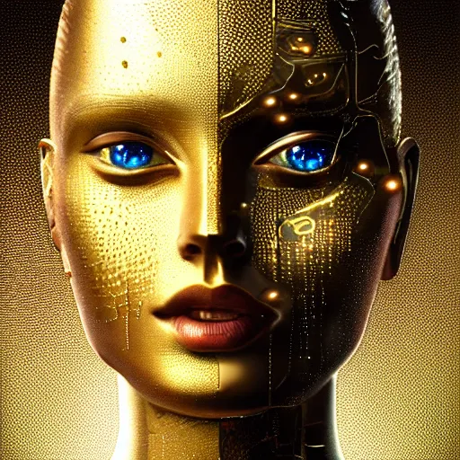 Prompt: an intricate, detailed face of an android, golden skin with water drops on it, dramatic lighting, trending on artstation, art nouveau