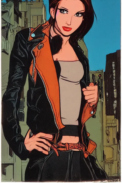 Image similar to portrait of an attractive young female protagonist, center focus, wearing leather jacket, in city street, detailed face, artwork by ralph bakshi