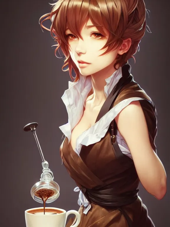 Image similar to full body picture of a bariste drip a coffee, calm and chill, beautiful and aesthetic, intricate, unreal engine, messy hair, highly detailed, detailed face, smooth, sharp focus, chiaroscuro, manga illustration, artgerm, greg rutkowski, ilya kuvshinov, rossdraws, alphonse mucha, young adult light novel cover art