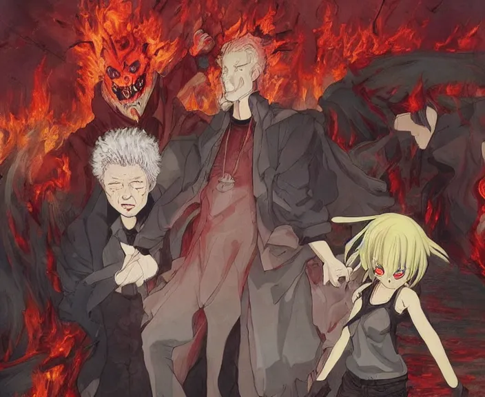 Image similar to anime art, yeltsin went to hell, infernal art in good quality, scary picture in color