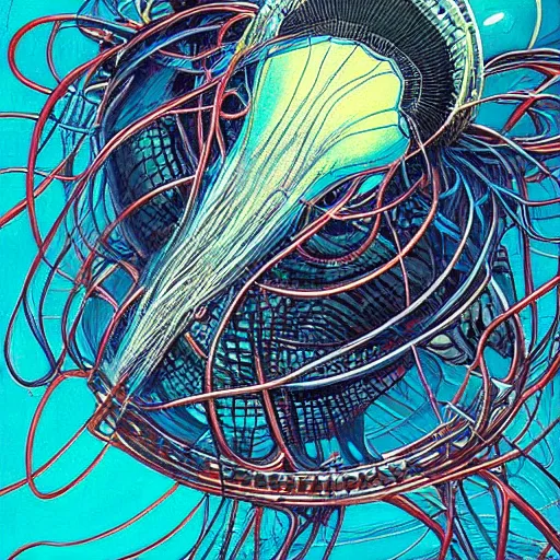 Image similar to a hyper detailed painting of a cyberpunk jellyfish, cables everywhere, blue tones, underwater, futuristic hi-tech details, art by jean giraud