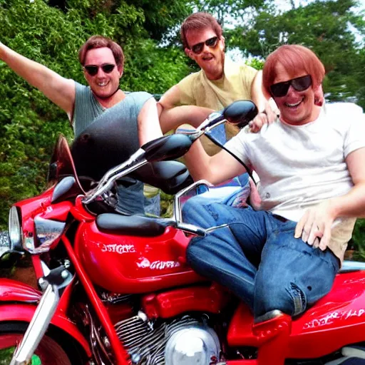 Prompt: capybara riding a red motorcycle with the crew, ultra realistic image