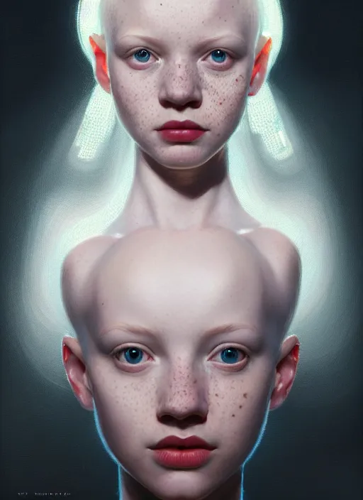 Image similar to portrait of an albino girl, freckles, no hair, serious, 1 9 5 0 s, intricate, elegant, glowing lights, highly detailed, digital painting, artstation, concept art, smooth, sharp focus, illustration, art by wlop, mars ravelo and greg rutkowski