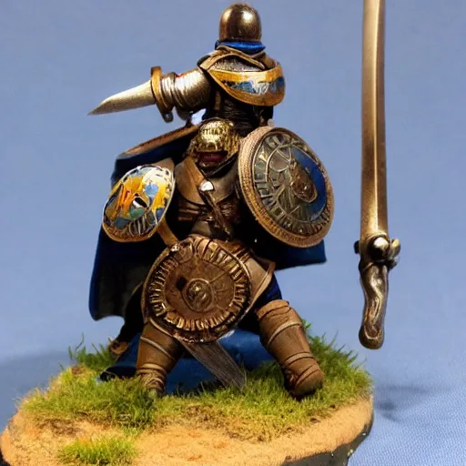 Prompt: bjorn of backwater - honorable knight of francia, standing with his blue shield at the ready and a short sword in his hand