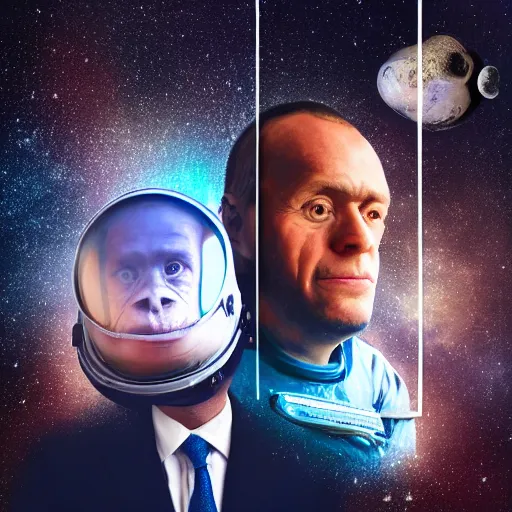 Prompt: double exposure portrait split in the middle of a astronaut and one chimpanzee in a suit posing with space in the background, pencil art, high definition, dynamic lighting stars, sharpness, golden ratio, fibonaci sequence