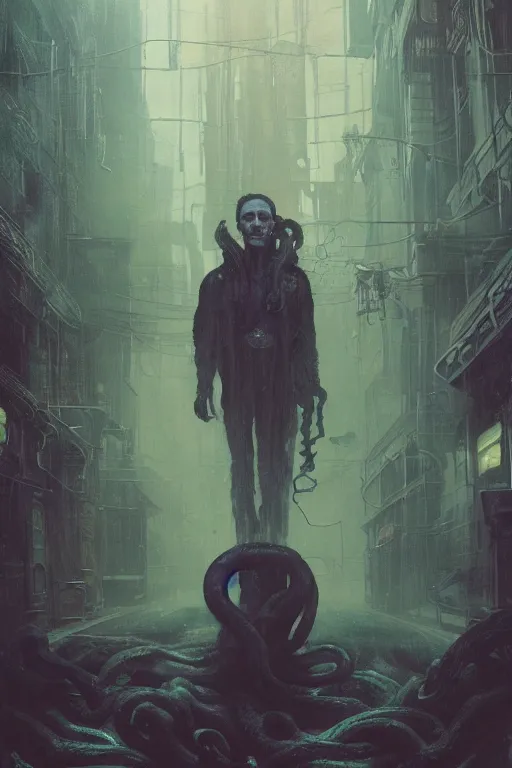 Prompt: , h p lovecraft with octopus tentacles and head of the cthulhu hyperrealistic portrait, bladerunner street, art of elysium by jeremy mann and alphonse mucha and greg rutkowski, fantasy art, photo realistic, dynamic lighting, artstation, poster, volumetric lighting, very detailed face, 4 k, award winning