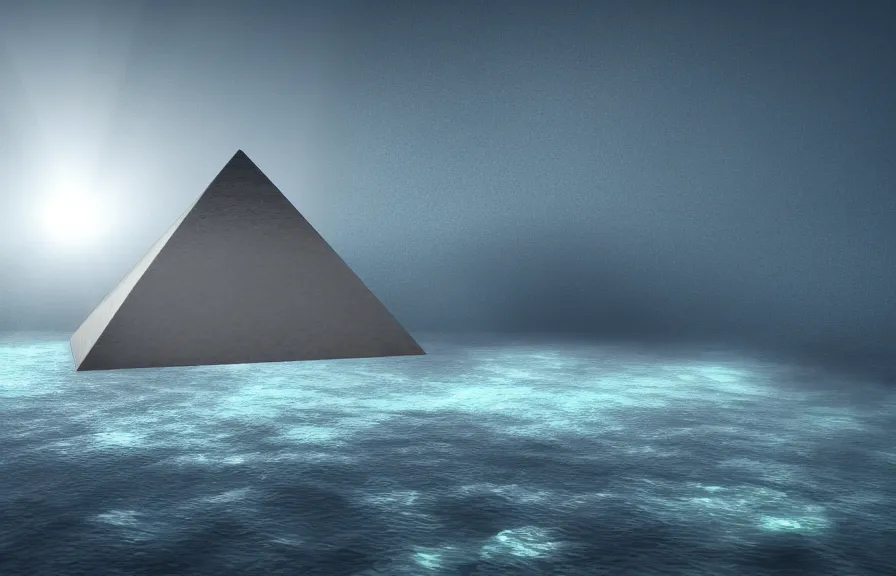 Image similar to a realistic cell - shaded cartoon showing a white pristine pyramid underwater at the bottom of the sea. shafts of sunlight come from above. wide shot, very dull muted colors, hd, 4 k, hq