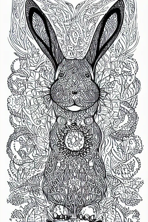 Prompt: bunny, ornaments, fractal, ink drawing, line art colouring page