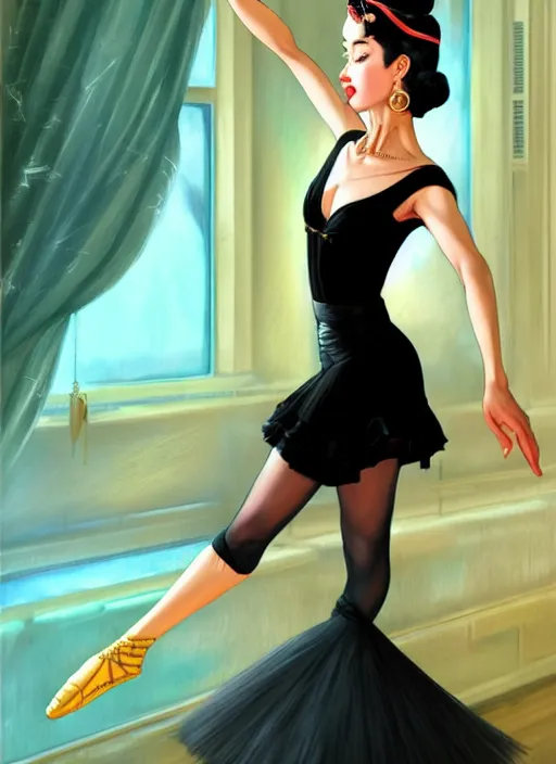 Image similar to a beautiful dancer with black hair in 1940's fashion, ballroom background, intricate, highly detailed, digital painting, artstation, official media, anime key visual, concept art, rich vivid colors, ambient lighting, sharp focus, illustration, art by Artgerm, Makoto Shinkai, Ilya Kuvshinov, Lois Van Baarle, and Rossdraws