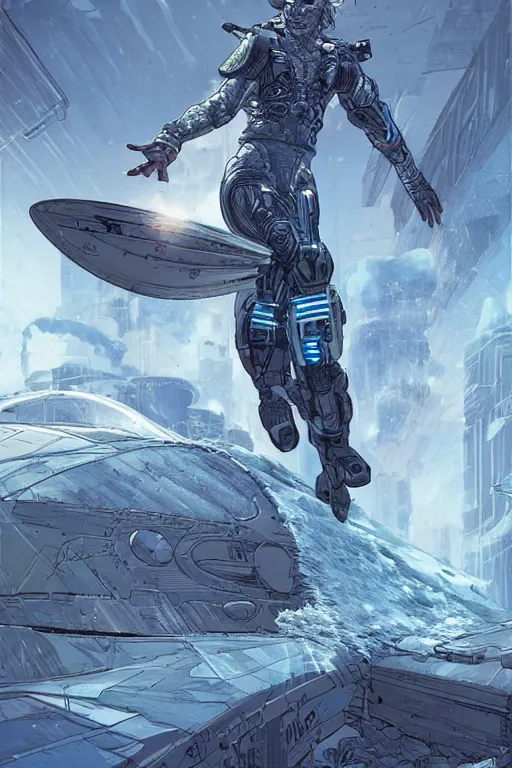 Image similar to comic book illustration, an android soldier surfs on a wave of large ice crystals, cyberpunk concept art by Moebius, highly detailed, intricate, sci-fi, sharp focus, Trending on Artstation HQ, deviantart