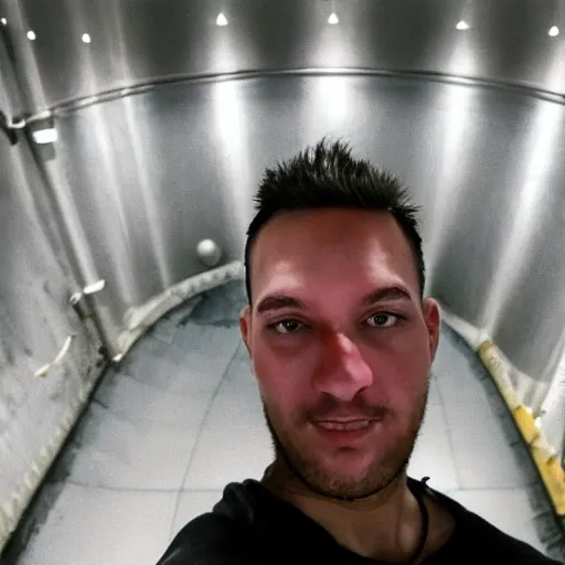 Image similar to a man taking a selfie inside of a nuclear reactor water waste system, super realistic, highly detailed :