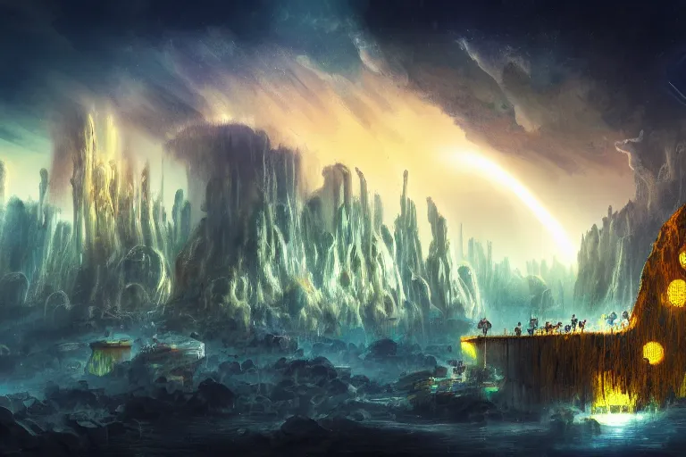 Prompt: favela spaceship cathedral tornado, underwater desert environment, industrial factory, cliffs, peaks, bright, milky way, award winning art, epic dreamlike fantasy landscape, ultra realistic,