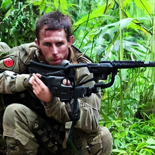 Prompt: elisha cutbert as a commando in a jungle battlefield