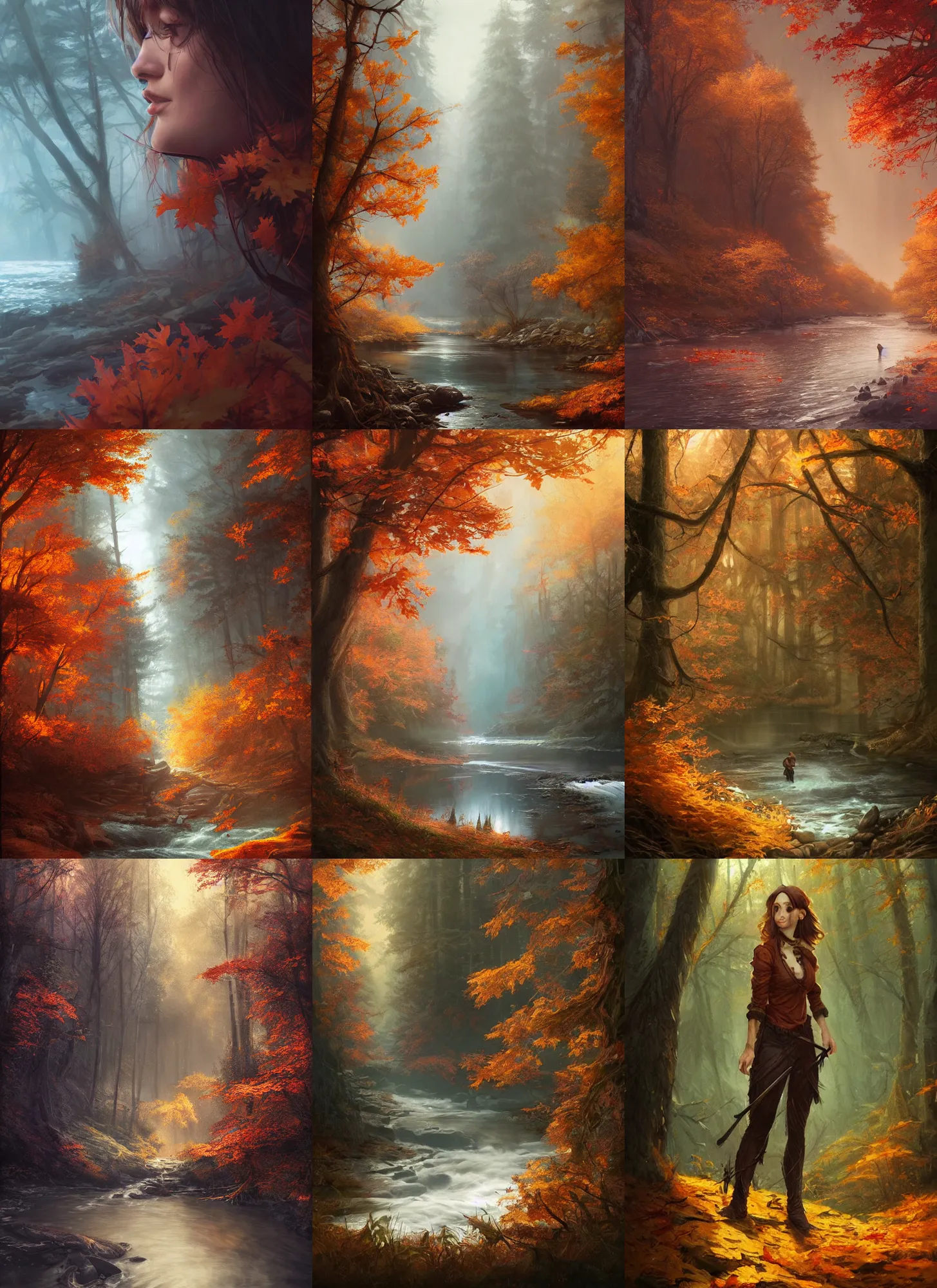 Prompt: river in autumnal forest, d & d, fantasy, portrait, highly detailed, digital painting, trending on artstation, concept art, sharp focus, illustration, art by artgerm and greg rutkowski and magali villeneuve