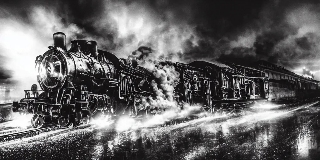 Image similar to fisheye lens slow motion with trail effect of blazing old train with steam locomotive, long exposure shot , at night in the middle of a rainy street, paddle of water, steam, fog, water splashes, rim lights, glossy reflections, water droplets on lens, octane render, dark and dramatic, explosions in the background, detailed and soft, fisheye lens, smooth, sharp focus, illustration, cyberpunk, sci-fi, fantasy, intricate, elegant, highly detailed, digital painting, artstation, concept art, smooth, sharp focus, illustration, art by Yintion J - Jiang Geping and artgerm and greg rutkowski and alphonse mucha