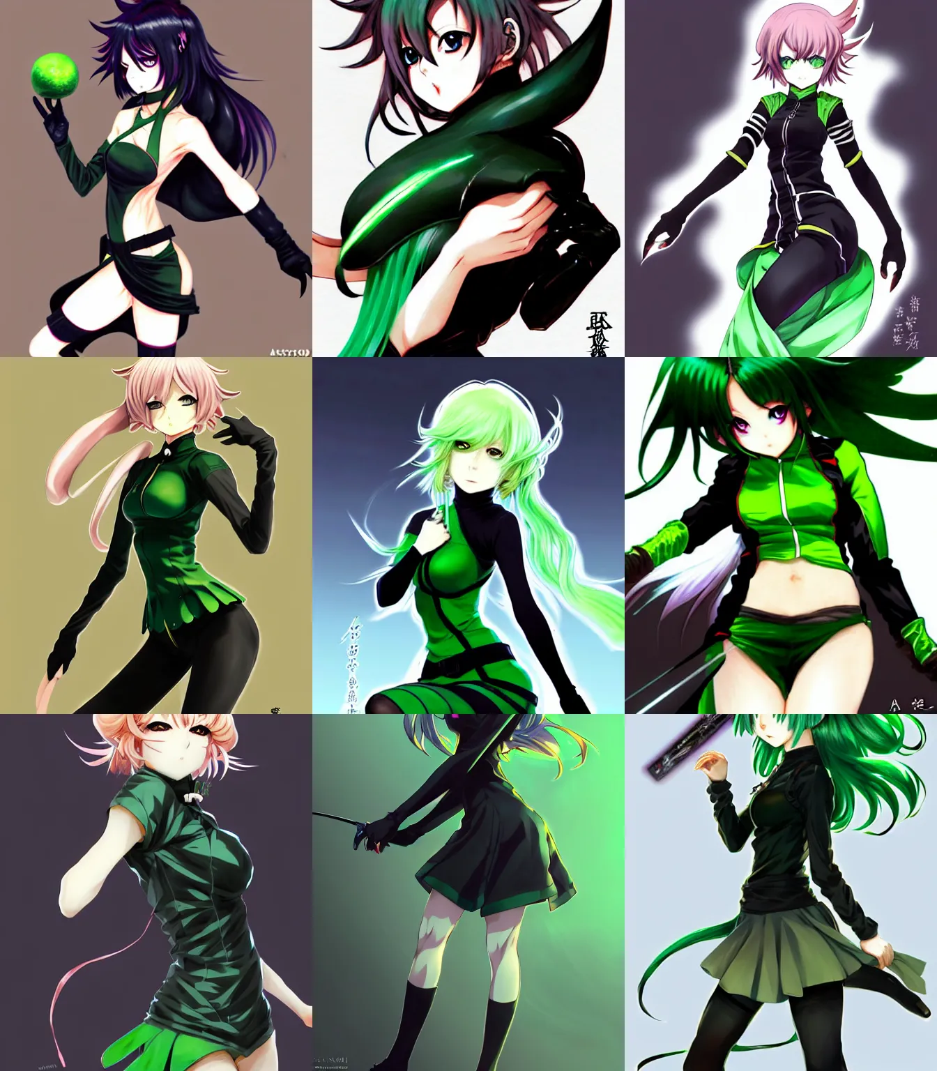 Prompt: rogue anime girl Tatsumaki, flying anime esper, spoon pear slim loli figure, curly short green hair and attractive features, thighs focus, hand on hip, arched back, black dress, dungeons and dragons portrait, highly detailed, digital painting, artstation, concept art, sharp focus, illustration, art by artgerm and greg rutkowski and alphonse mucha