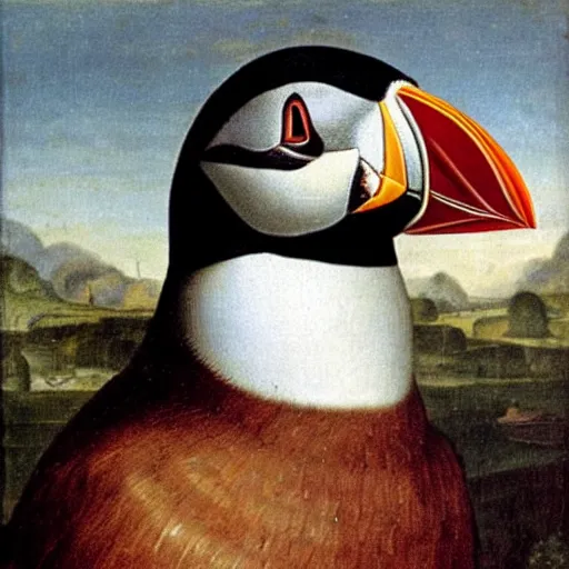 Image similar to “A renaissance style portrait of a puffin in military uniform”