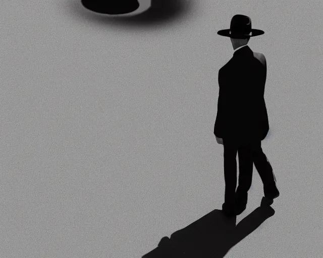 Prompt: a tall and mysterious man in black suit and black fedora hat and black shoes, he has a pistol!!, mysterious, 4 k, highly detailed, digital art, strong shadows, high contrast, epic scene, atmospheric, blue colours, old photo