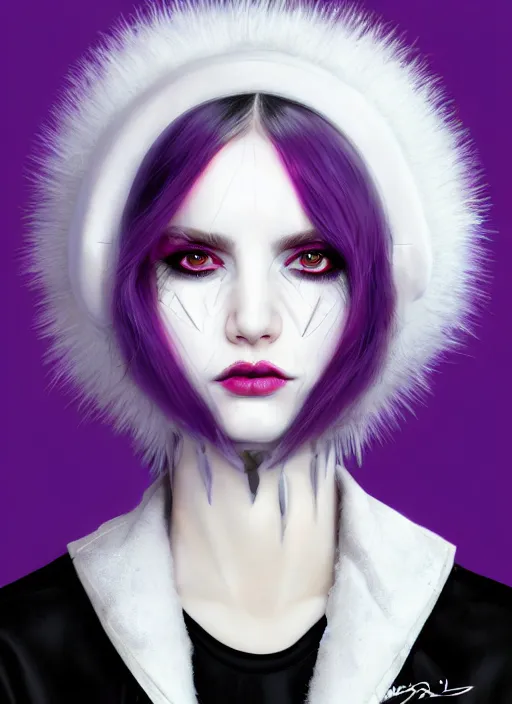 Image similar to whitebangs, black hair, black cyberlox, portrait of white teenage girl, normal face, white bangs, fluffy bangs, cyberlox, whitebangs, red contact lenses, purple lipstick, intricate, elegant, highly detailed, digital painting, artstation, concept art, sharp focus, smooth, illustration, art by wlop, mars ravelo and greg rutkowski