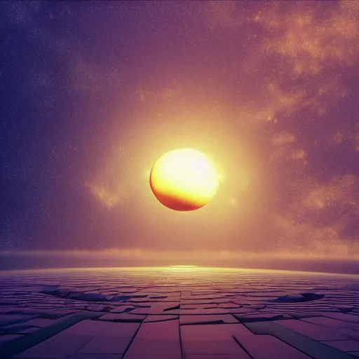 Image similar to 3 d render, sunlight study, the universe is a spheroid region 7 0 5 meters in diameter, art nouveau, by zdzislaw beksinski and lisa frank, 8 k, sharp focus, octane render