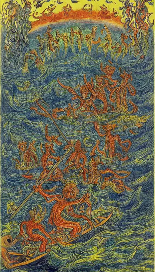 Image similar to man on boat crossing a body of water in hell with creatures in the water, sea of souls, by louis wain