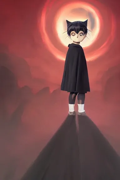 Image similar to little boy with cat ears in an black outfit with red cape. digital artwork made by lois van baarle and kentaro miura and marc simonetti and rhads, sharpness focus, inspired by hirohiko araki, anatomically correct, heroic composition, hero pose, smooth, dark city