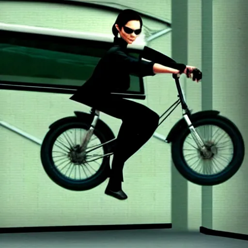 Image similar to neo from the matrix jumping the worlds smallest bicycle over a bus