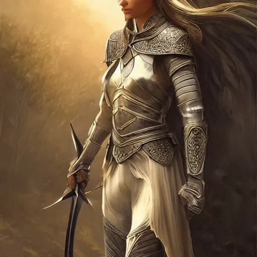 Image similar to standing elf with armor of rivendel and a curve long sword in full body and detailed face, epic masterpiece of cinematographic hyperrealism, realistic shaded lighting poster by craig mallismo, artgerm, jeremy lipkin and michael garmash, unreal engine, radiant light, detailed and intricate environment, digital art, art station trends