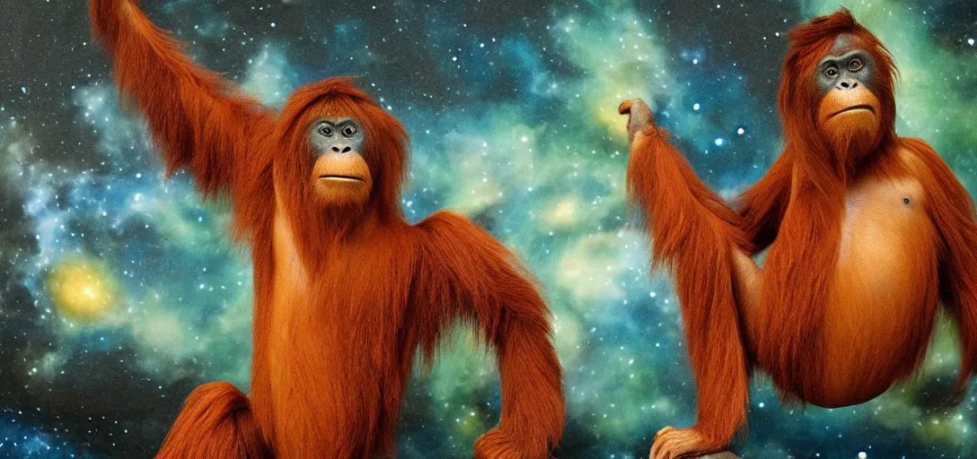 Image similar to Large diorama, celestial orangutan posing in the style of Beata Ludovica Albertoni, galaxy background