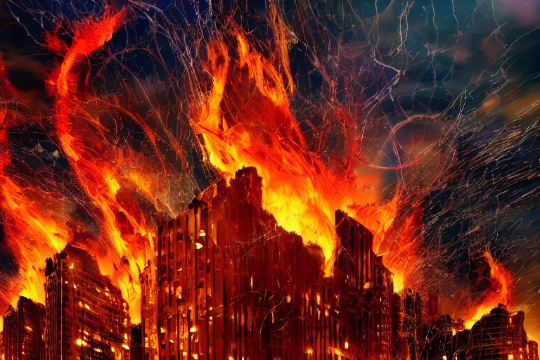 Image similar to destructive fire tornado in the city, photorealistic, highly detailed, sharp focus, vivid, colorful, symmetrical, random, convoluted, mind - blowing, creative, fully functional, end of the world, physics defying, amazing, loud