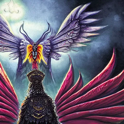 Image similar to A centered chest up portrait of a psychedelic godlike mothman with giant mandala wings smoking a hand-rolled cigarette smoking heavily , magic mushroom village in background , award winning. superb resolution. in the art style of junji Ito and greg rutkowski . Detailed Mushroom city in background. Hyper realistic anime. Perfect art. Dalle2