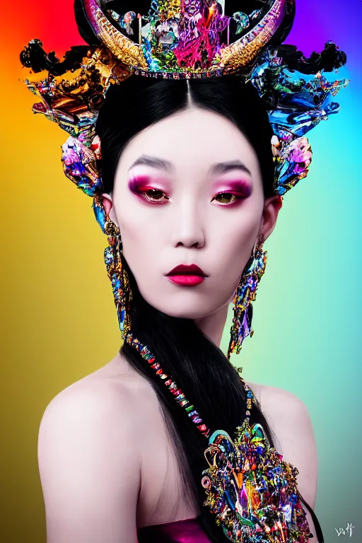 Image similar to a singular beautiful empress dramatic portrait, black hair, with a brilliant, impossible striking shiny big multi colored crystal headpiece, symmetrical, reflective surface, rainbow crystal clothes, rococo, baroque, jewels, asian, realistic, dramatic studio lighting, closeup, D&D, fantasy, intricate, elegant, highly detailed, digital painting, artstation, octane render, 8k, concept art, matte, sharp focus, illustration, art by Artgerm and Greg Rutkowski and Alphonse Mucha