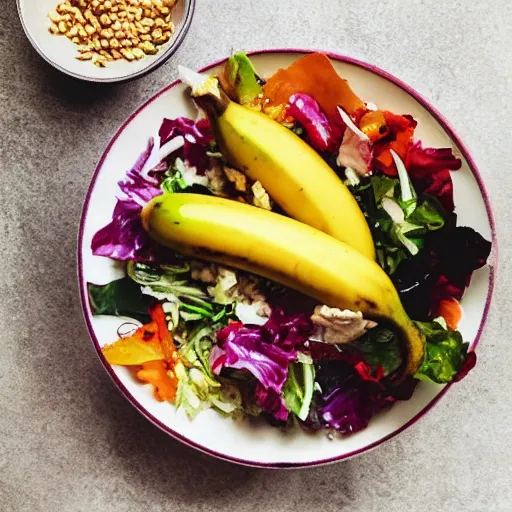 Prompt: water color of banana, and rice in a salad